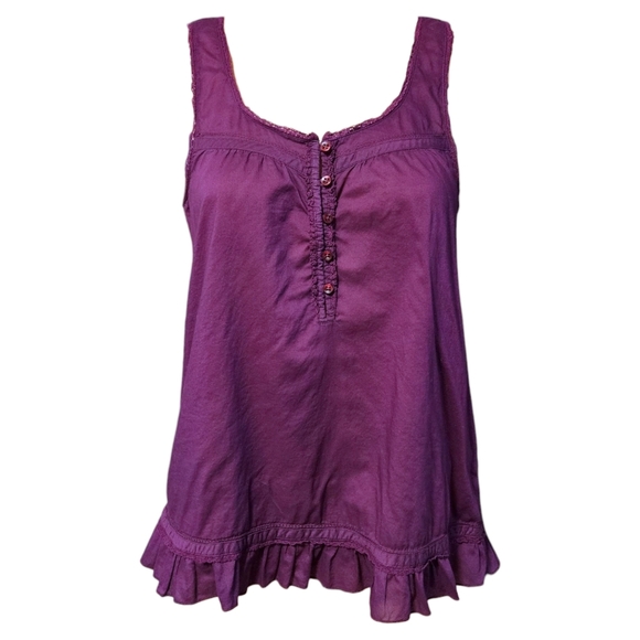 AEO Purple Ruffle Hem Tank Top Sz 4 Crochet Trim Boho Cottagecore 100% Cotton - Picture 1 of 12